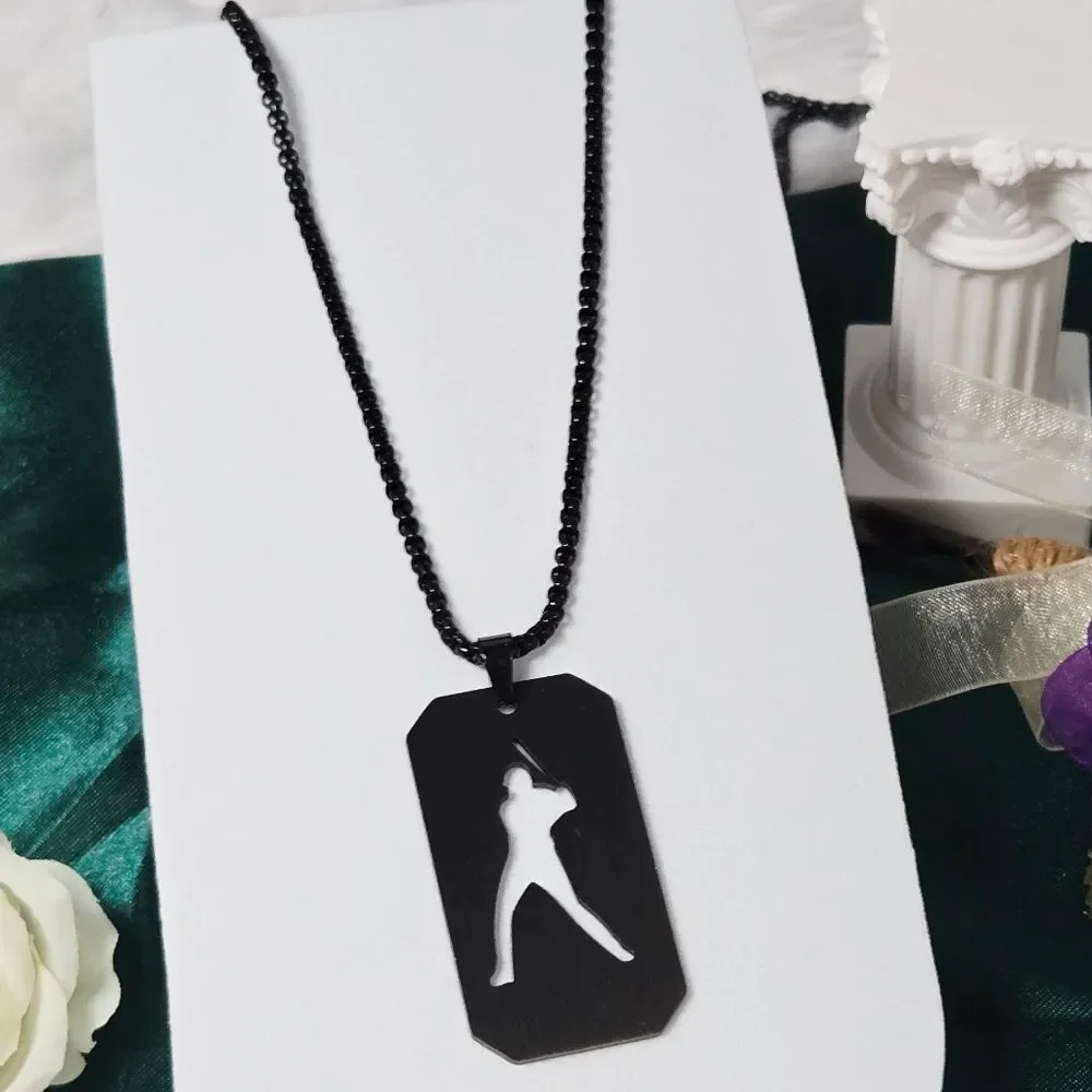 Matte Black Baseball Player Dog Tag Necklace Cutout Batter 24” Stainless Steel